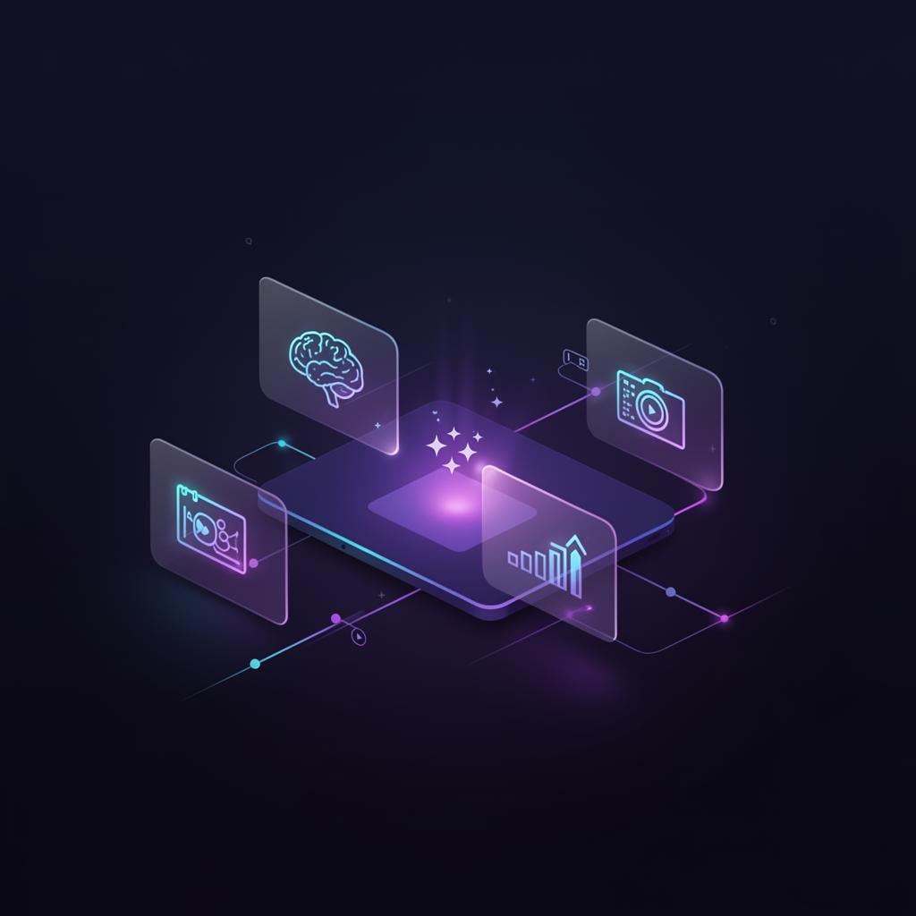 Floating translucent AI tool panels unified into a single content creation workspace