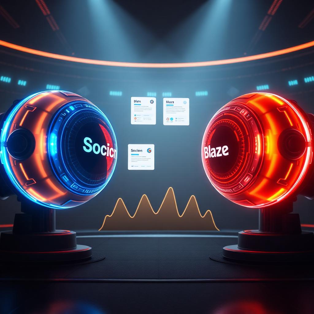 Two AI orbs facing each other in a futuristic arena with floating social media post cards — Blaze AI vs SociGen illustration