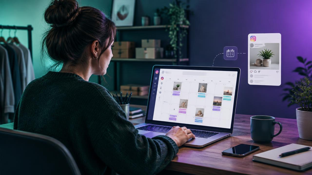 Small business owner scheduling a month of Instagram posts on a laptop content calendar