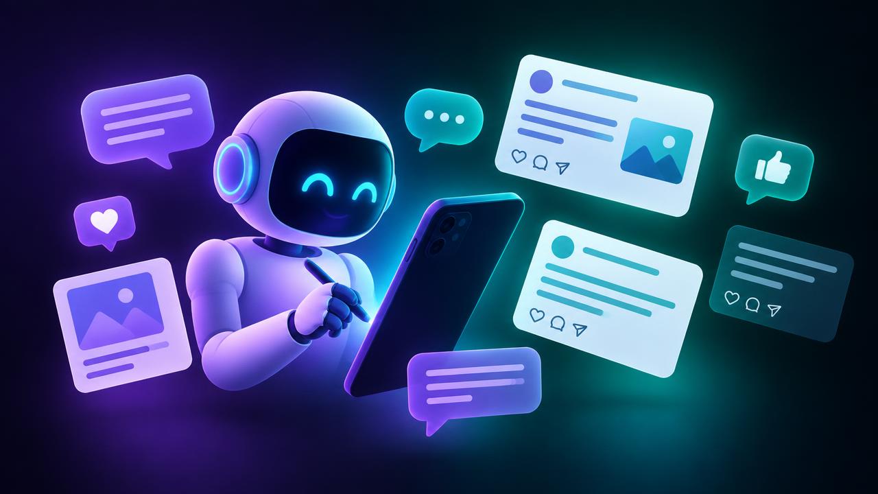 AI assistant drafting social media captions surrounded by post cards and speech bubbles