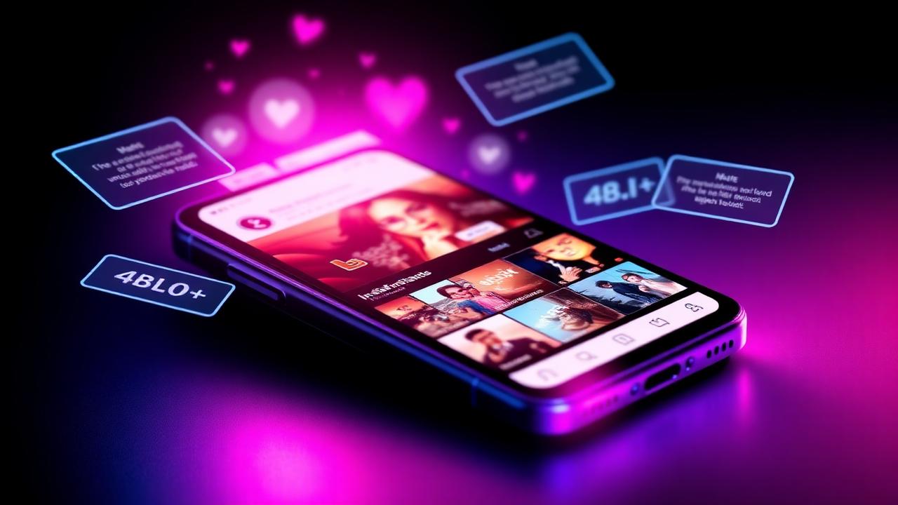 Smartphone showing an AI-generated Instagram feed with floating captions and hashtags
