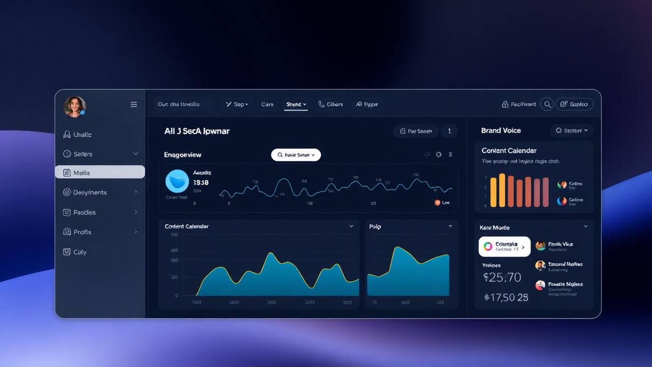 AI social media manager dashboard showing engagement charts, content calendar and brand voice indicators