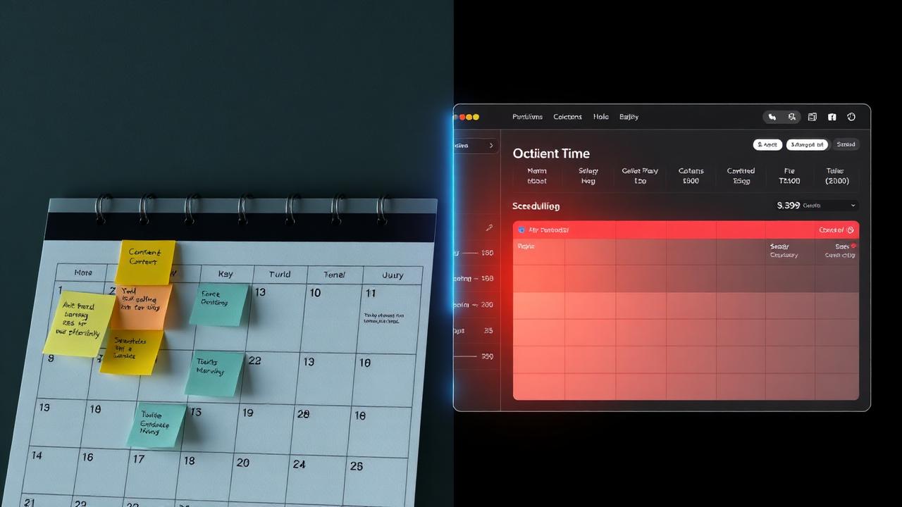 Split view contrasting a manual sticky-note content calendar with an AI-driven scheduling dashboard