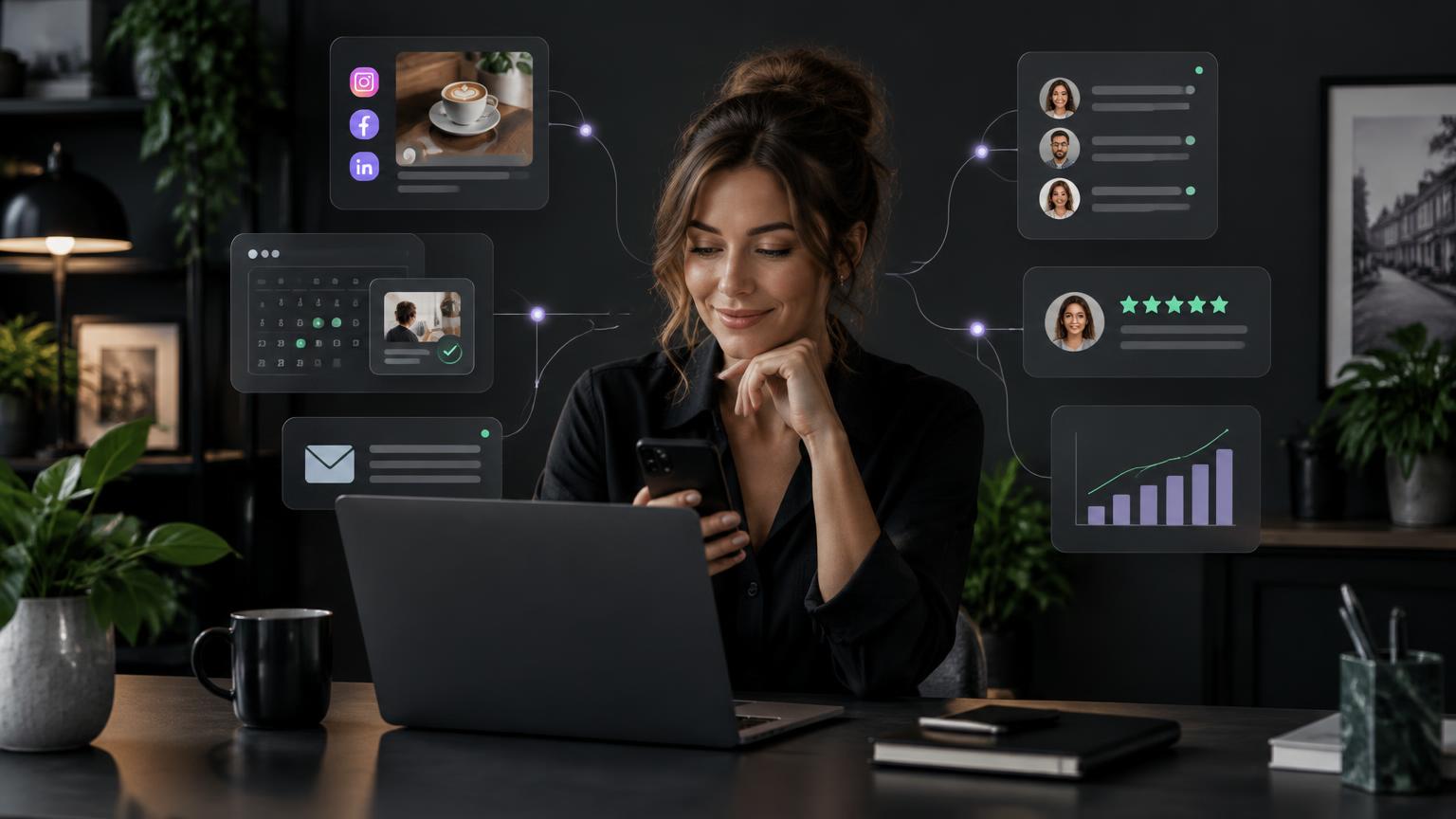 Small business owner managing connected social, email, booking, customer and analytics workflows