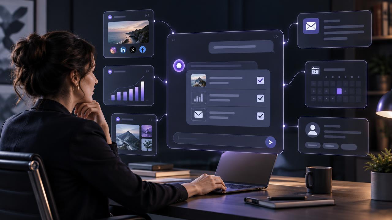 Marketing professional reviewing AI-assisted social, email, analytics, calendar and customer work
