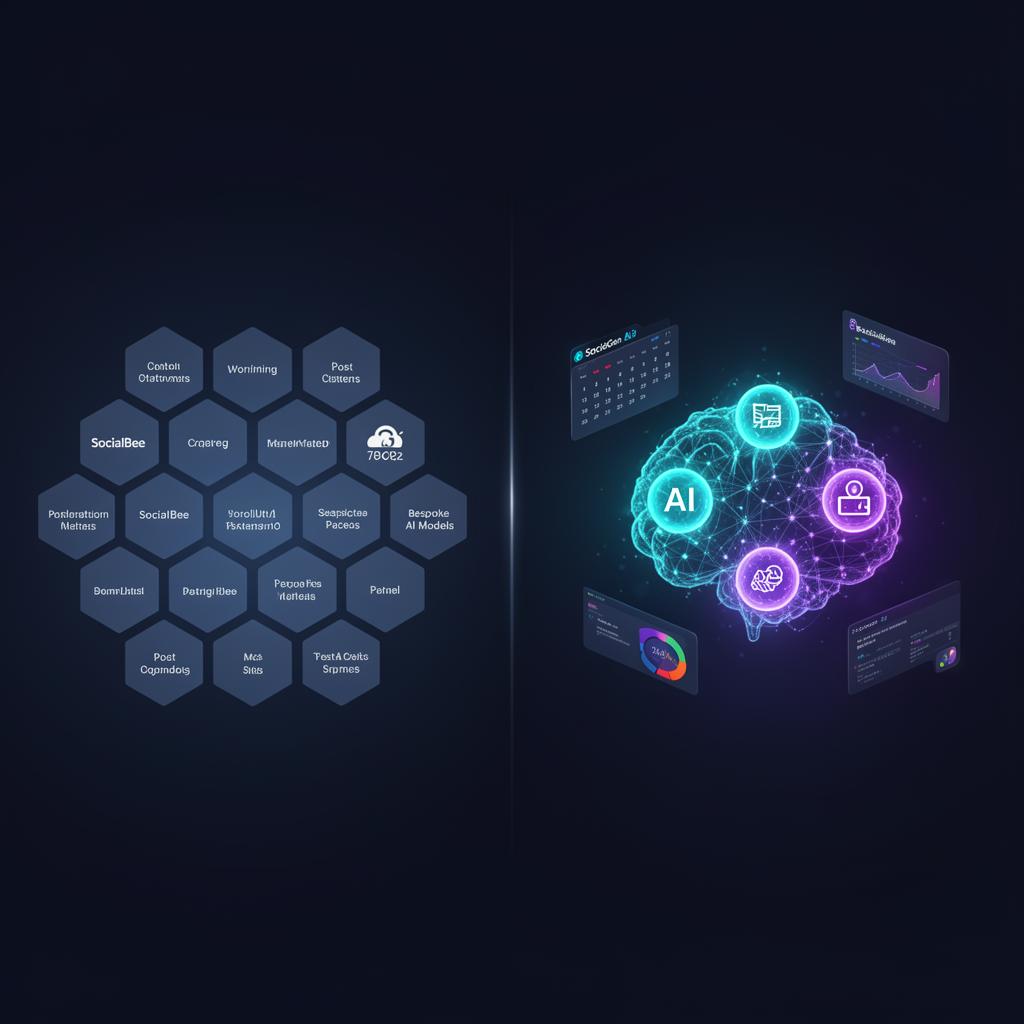 Split-screen dashboard comparing SocialBee content categories with SociGen's five AI neural model cluster