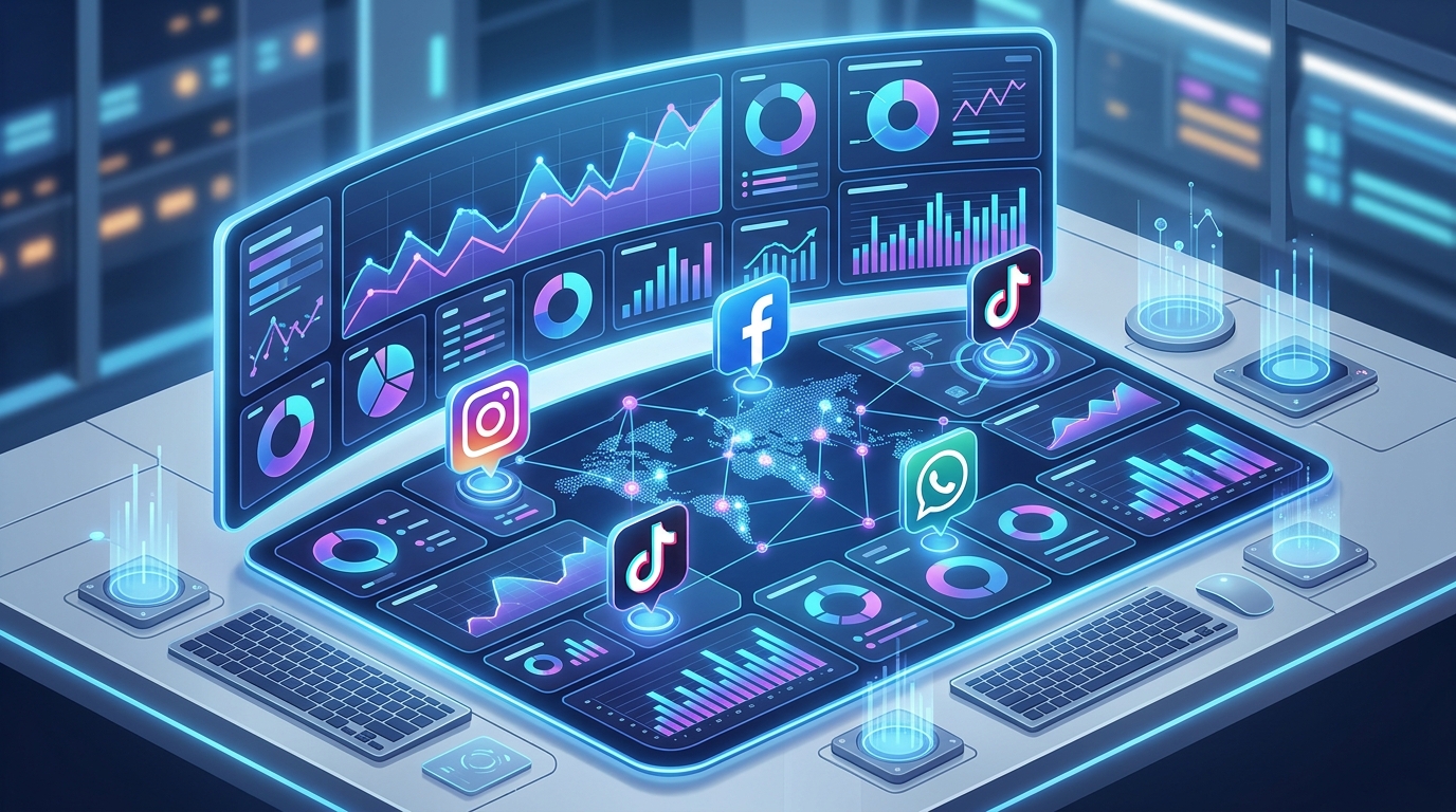 Futuristic dashboard showing AI-driven social media analytics across Facebook, Instagram, TikTok and WhatsApp