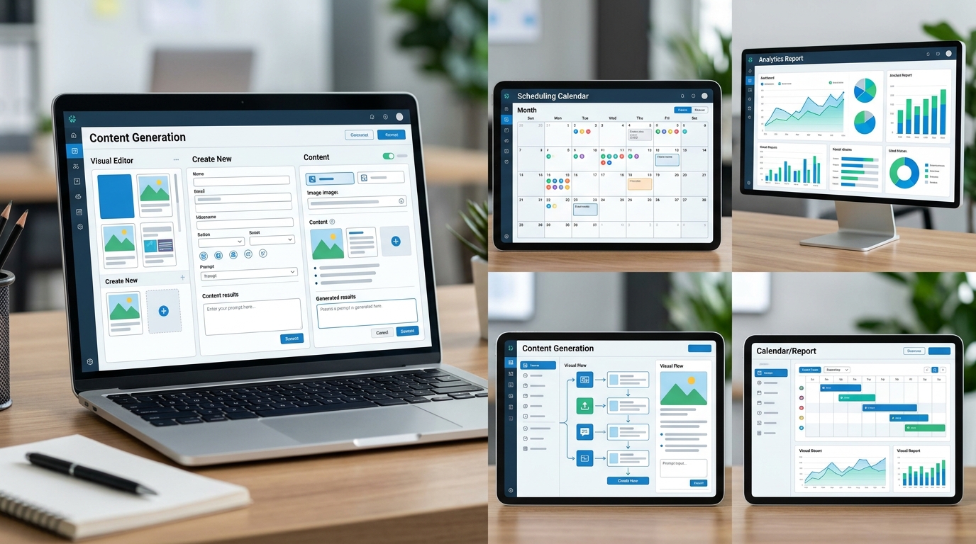 Multiple devices showing fragmented marketing tools for content, scheduling and analytics