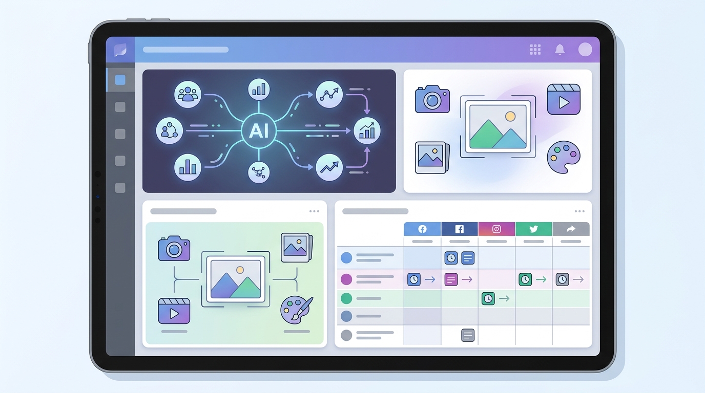 Unified SociGen workspace showing AI workflows, content library and cross-platform scheduling