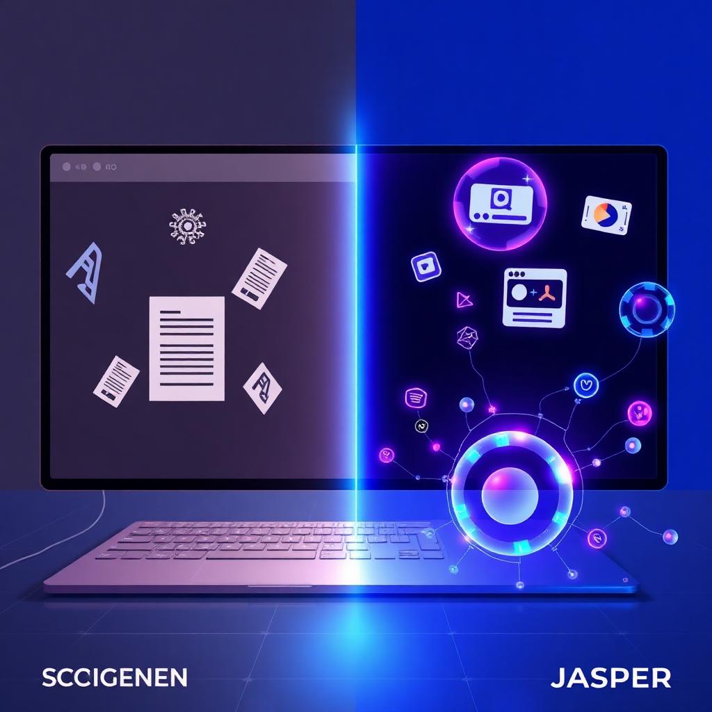 Split-screen illustration comparing Jasper's generic AI writing tool with SOCIGEN's social-first AI marketing platform