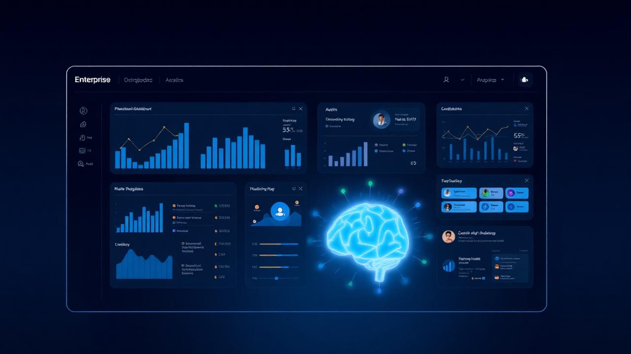 Enterprise dashboard illustration with analytics panels and a glowing AI brain — Sprout Social vs SociGen