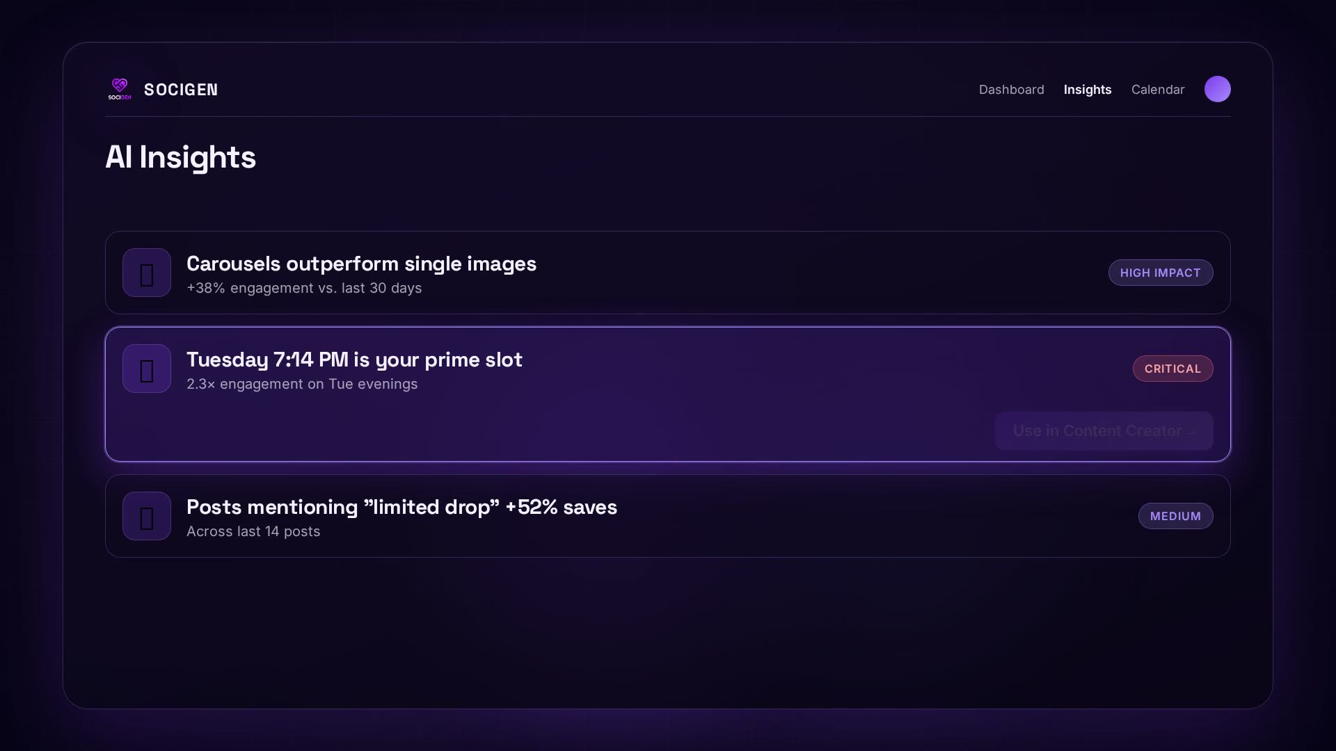SociGen product walkthrough showing AI content insights and publishing-time suggestions